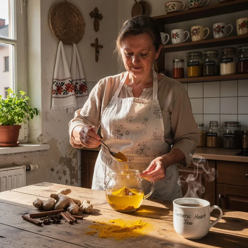 Šilto puodelio ciberžolės arbatos vaizdas, rodantis, kaip ji gali padėti palaikyti kraujospūdį.