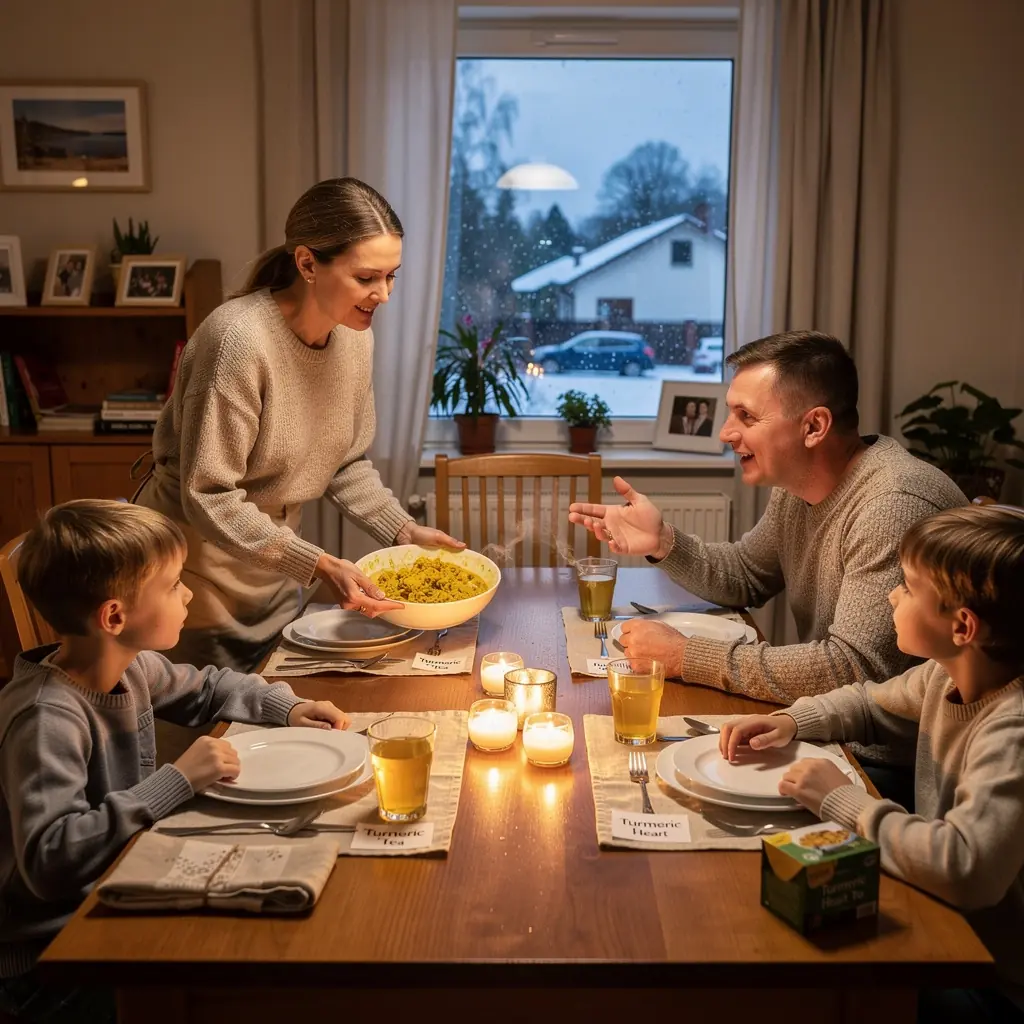 Ingredientai, įskaitant ciberžolę ir kitas naudingas žoleles, išdėstyti ant baltos servetėlės.