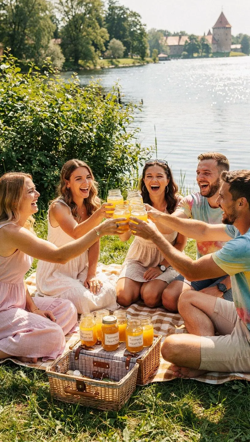 Ciberžolės gėrimas su kurkuminu, supakuotas į gražų indelį, pabrėžiantis natūralumą ir sveikatingumą.