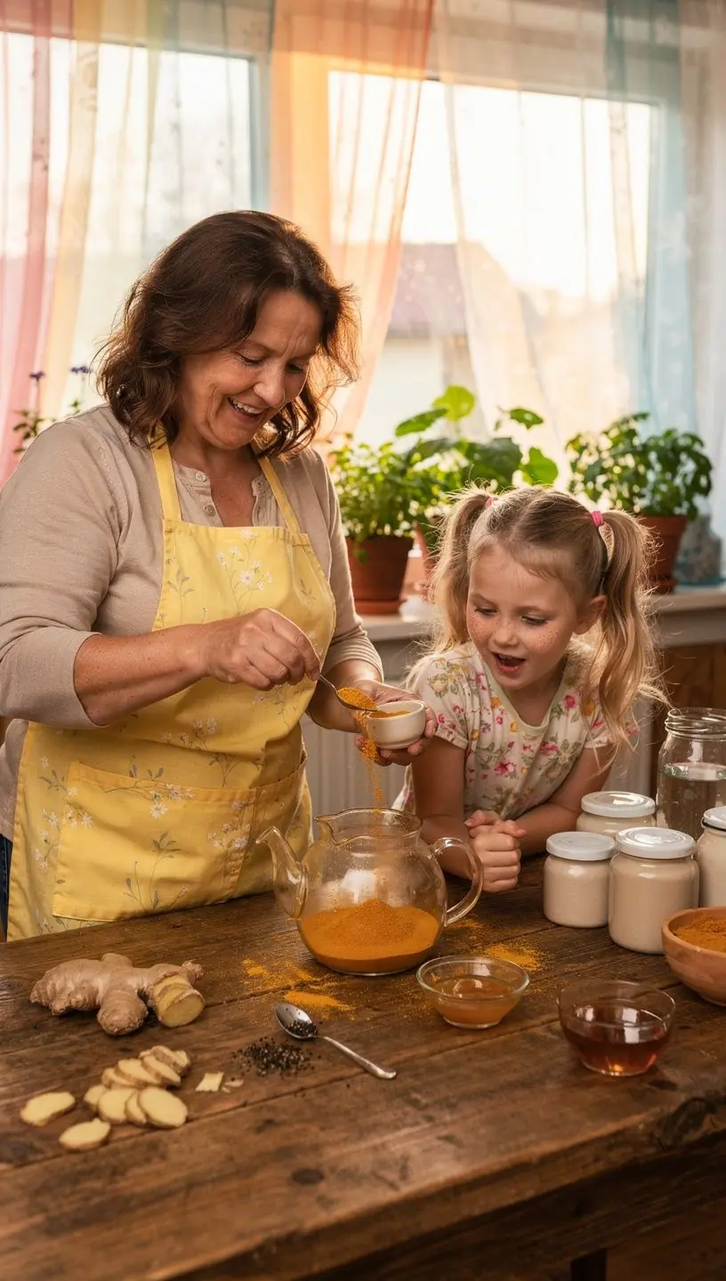 Ciberžolės šaknis ir kitų ingredientų mišinys, vaizduojantis natūralias antiuždegimines savybes.