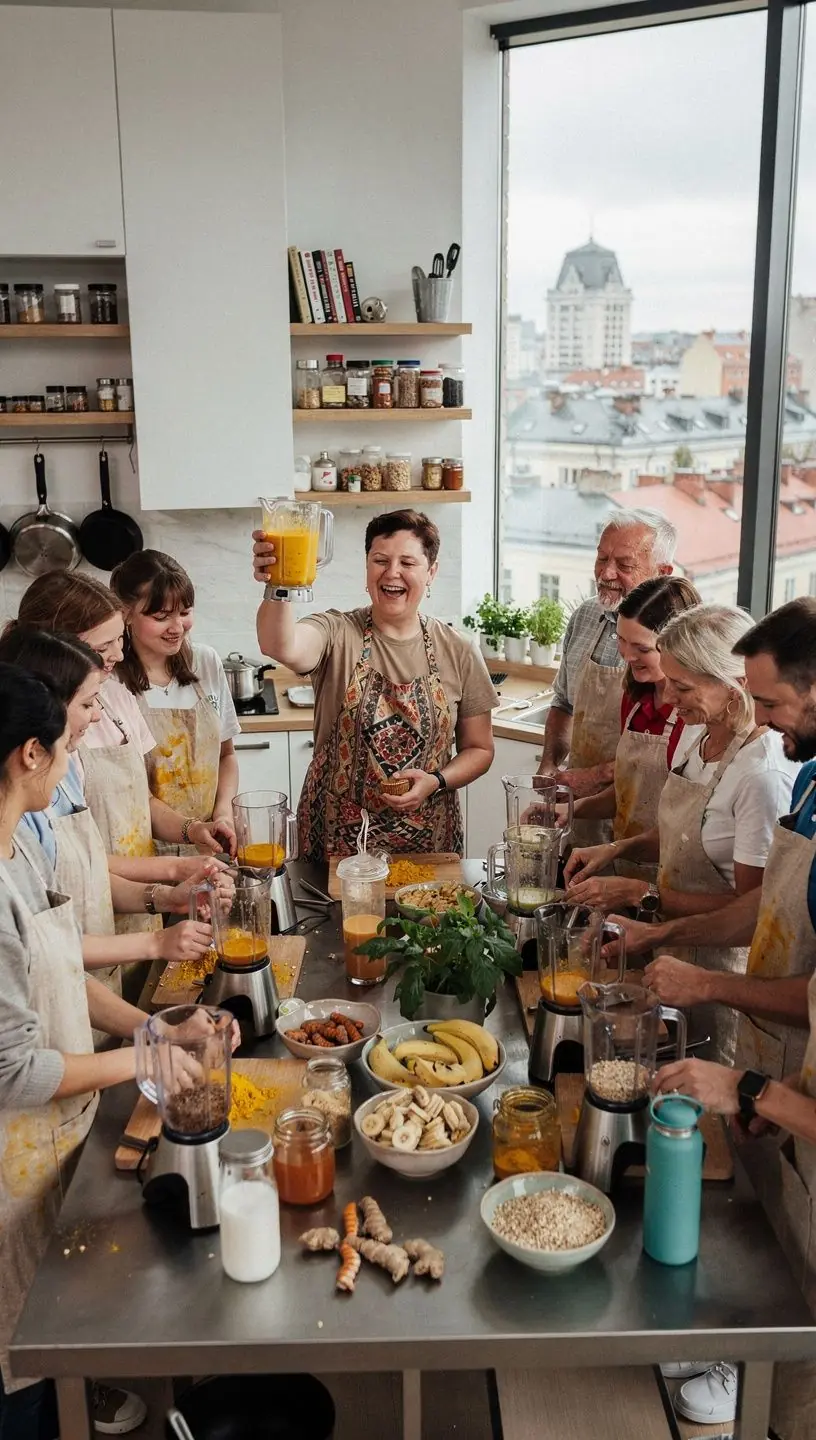 Puodelis aromatingos ciberžolės arbatos, garuojantis ir šiltas, ant medinio stalo.